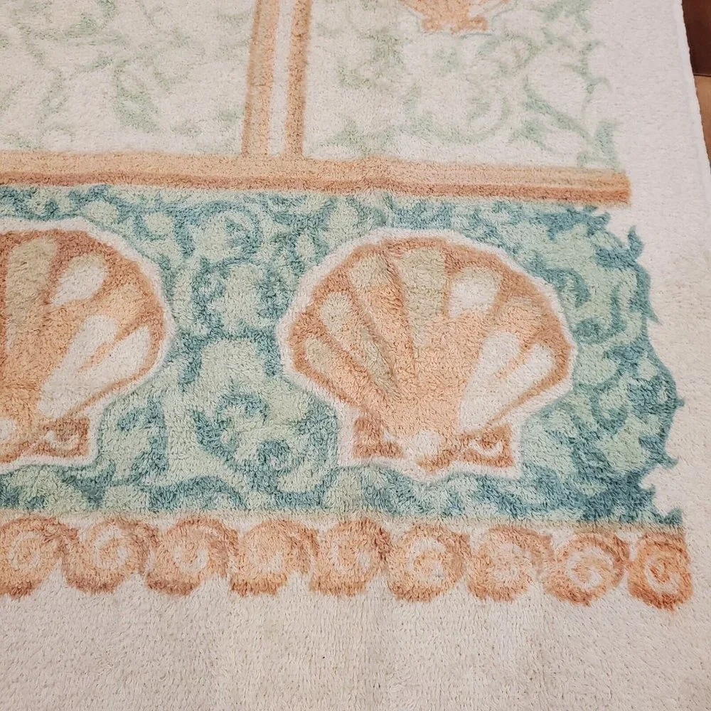 Vintage 80s Cream‎ Peach Shell Bath Towel 49 X 25 Nautical Beach NWOT